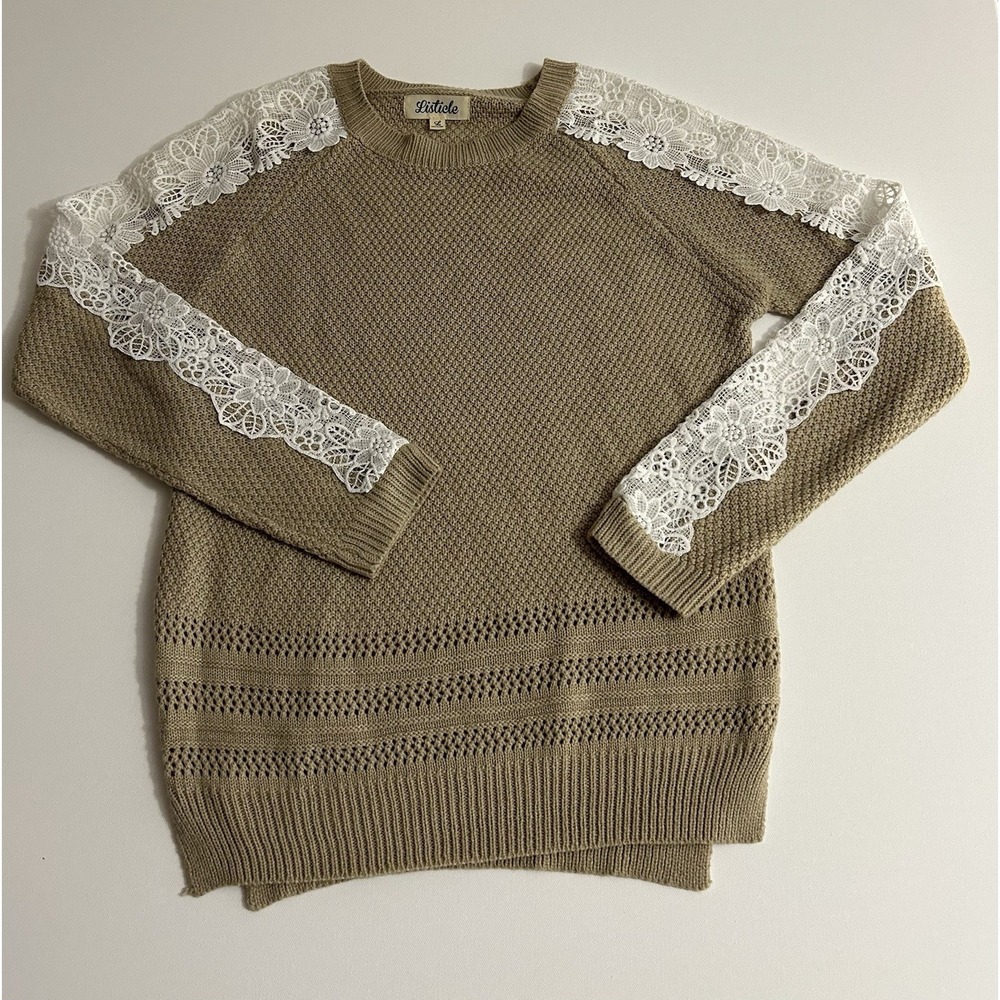 Listicle Knit Sweater with White Lace Detail Women's Size L Taupe Long Sleeve